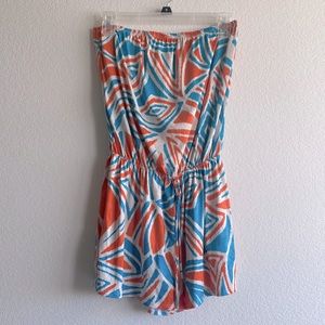 Small Orange, Cream, and Turquoise short strapless Romper